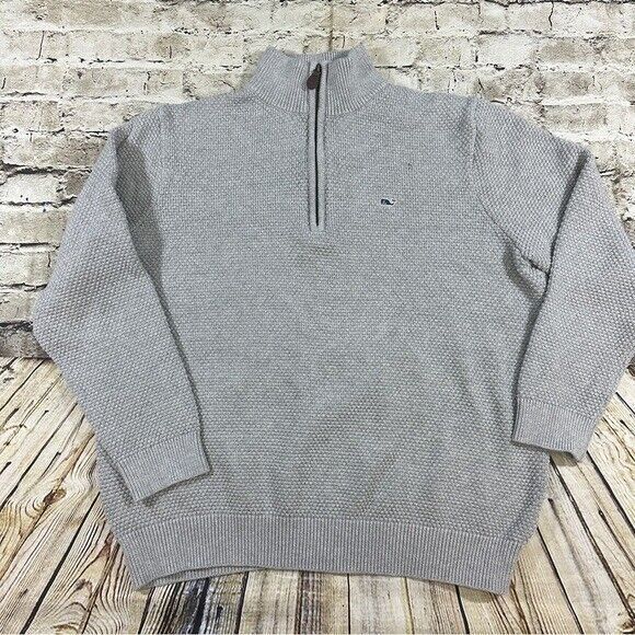 Vineyard Vines Sweater Men's Sz.L Gray Knitted Hamilton 1/2 Half-Zip 100%Cotton - Picture 1 of 9